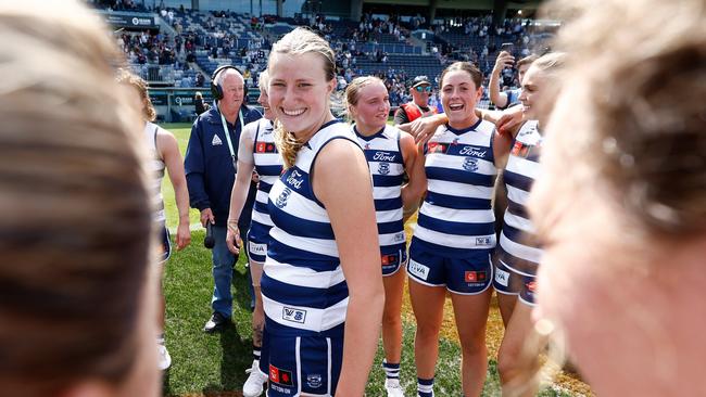 GEELONG, AUSTRALIA - OCTOBER 20: Chantal Mason of the Cats sings the team song during the 2024 AFLW Round 08 match between the Geelong Cats and the Brisbane Lions at GMHBA Stadium on October 20, 2024 in Geelong, Australia. (Photo by Michael Willson/AFL Photos via Getty Images)