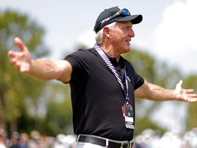 ORLANDO, FLORIDA - APRIL 02: LIV Golf CEO Greg Norman looks on during day three of the LIV Golf Invitational - Orlando at The Orange County National on April 02, 2023 in Orlando, Florida.   Mike Ehrmann/Getty Images/AFP (Photo by Mike Ehrmann / GETTY IMAGES NORTH AMERICA / Getty Images via AFP)