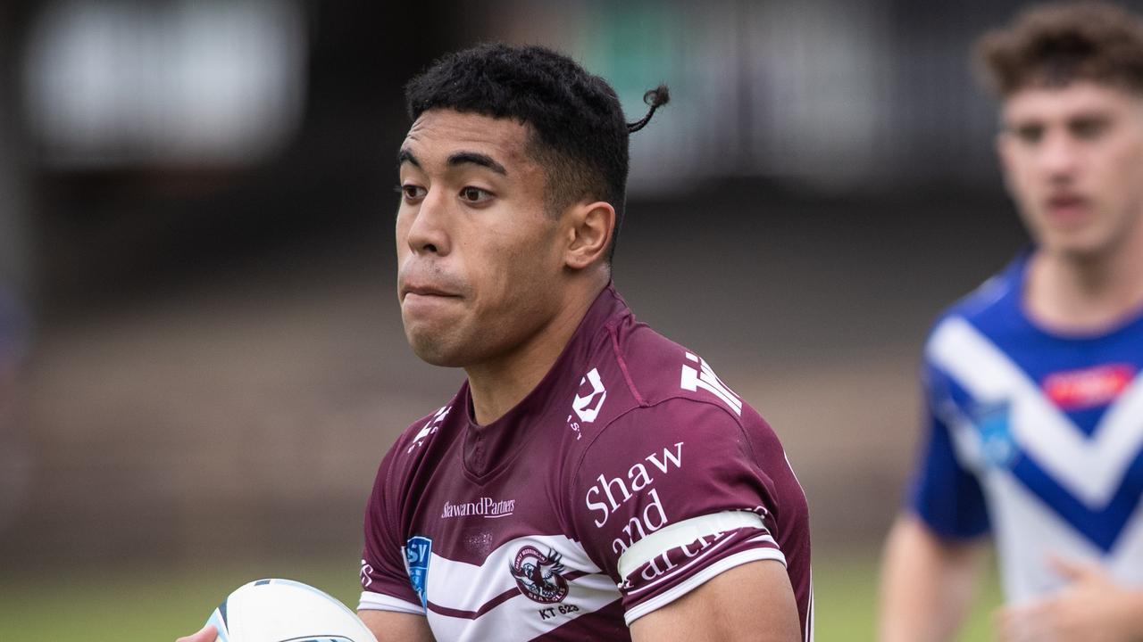 Sydney, Australia. 23rd July, 2023. Tolutau Koula of the Sea Eagles  celebrates a try with team mates during the NRL Round 21 match between the  Cronulla-Sutherland Sharks and the Manly Warringah Sea