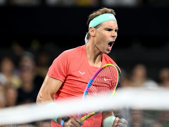 *** BESTPIX *** BRISBANE, AUSTRALIA - JANUARY 02: Rafael Nadal of Spain celebrates after winning a point in his match against Dominic Thiem of Austria during day two of the  2024 Brisbane International at Queensland Tennis Centre on January 02, 2024 in Brisbane, Australia.  (Photo by Bradley Kanaris/Getty Images)