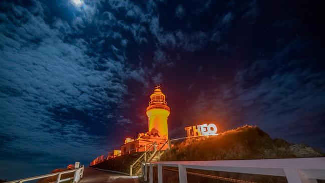 Cape Byron Lighthouse was lit up in orange, Theo Hayez's favourite colour, on Sunday, May 31, 2020, to mark one year since the Belgian backpacker disappeared in Byron Bay. Photo: Dylan O'Donnell