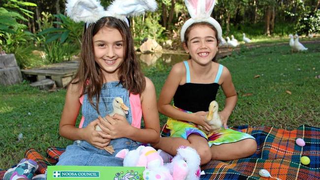 ALL ABOARD: Getting into the Easter spirit for the launch of Noosa Council's Easter Free Holiday Buses are local kids Georgia and Annabelle. Picture: Contributed