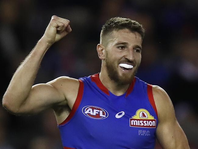 MELBOURNE, AUSTRALIA - APRIL 17: Marcus Bontempelli of the Bulldogs celebrates a goal during the round five AFL match between the Western Bulldogs and the Gold Coast Titans at Marvel Stadium on April 17, 2021 in Melbourne, Australia. (Photo by Daniel Pockett/Getty Images)