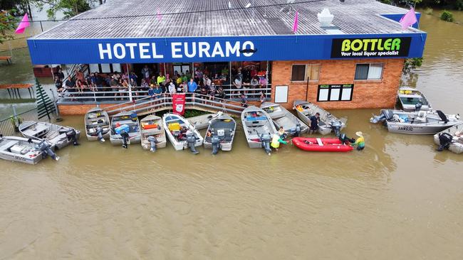 Pictured here during the Far North floods in December, the Euramo Hotel is right between the Tully and Murray rivers, and is renowned for flooding. Locals take a boat directly from home to the hotel for a beer when the water rises. Picture: Supplied