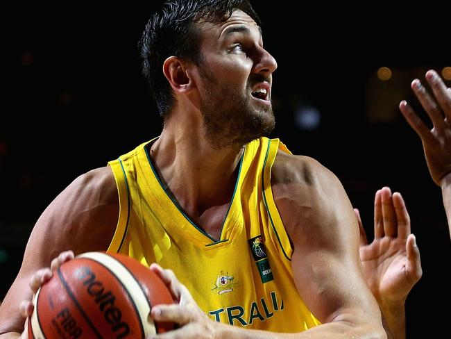 MELBOURNE, AUSTRALIA - AUGUST 15: Andrew Bogut of the Boomers drives to the basket during the game one match between the Australian Boomers and New Zealand Tall Blacks at Rod Laver Arena on August 15, 2015 in Melbourne, Australia. (Photo by Robert Prezioso/Getty Images)