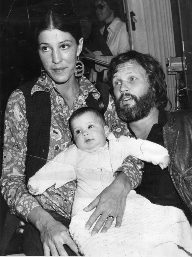 Kristofferson and wife Rita Coolidge in Adelaide with their baby daughter Casey in 1974.