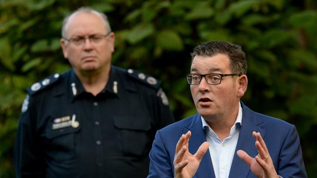 Premier Daniel Andrews and Victoria Police Chief Commissioner Graham Ashton outline Victoria's response to the coronavirus outbreak. Picture: Andrew Henshaw