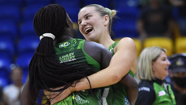 Courtney Bruce of the Fever celebrates with Sunday Aryang after their victory over NSW Swifts at Sunshine Coast Stadium. Picture: Getty Images