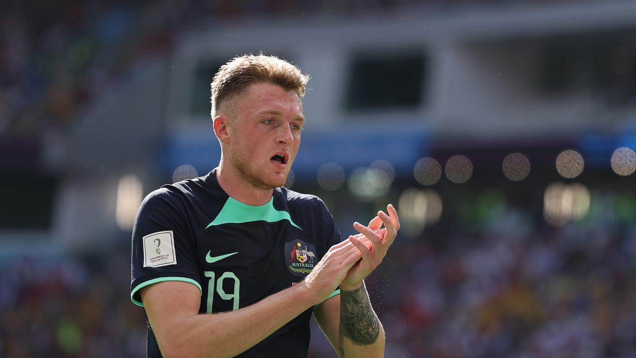 AL WAKRAH, QATAR - NOVEMBER 26: Harry Souttar of Australia react during the FIFA World Cup Qatar 2022 Group D match between Tunisia and Australia at Al Janoub Stadium on November 26, 2022 in Al Wakrah, Qatar. (Photo by Richard Heathcote/Getty Images)