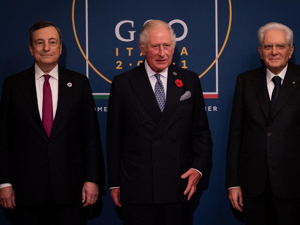 Prince Charles (C), Italian President Sergio Mattarella (R) and Italian Prime Minister Mario Draghi (L) in Rome for the G20 (or Group of Twenty) intergovernmental forum comprising 19 countries plus the EU. Picture: Getty Images