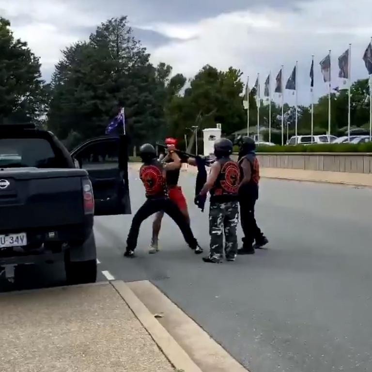 A MAGA protester was chased out of an Invasion Day rally at Parliament House on January 26. Picture: @hilarywardhaugh