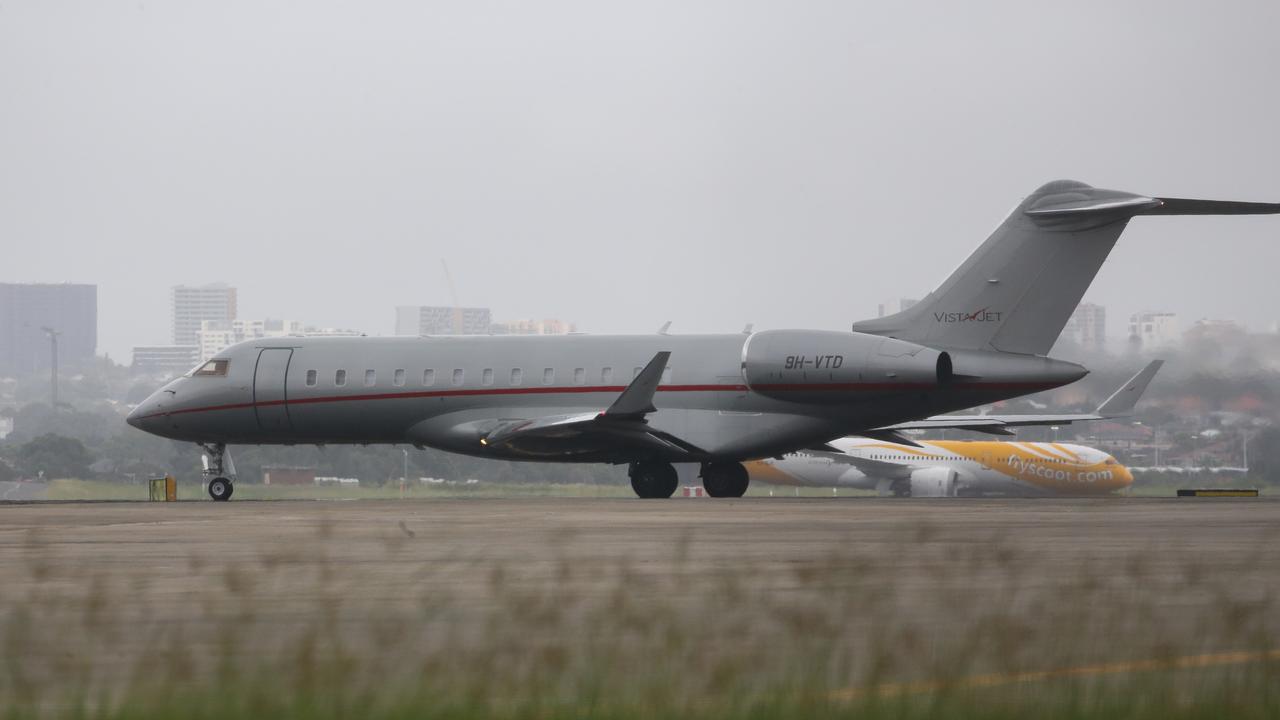 Taylor’s chartered private jet on the tarmac at Sydney Airport. Picture: NCA NewsWire / Gaye Gerard