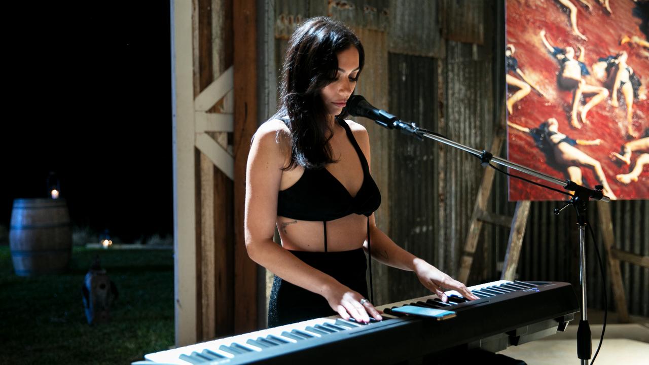 Sarah Tangye performs her song Liars on Byron Baes. Photo: Yael Stempler/Netflix