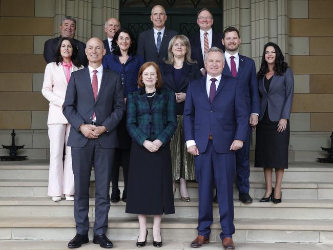 From front left: Deputy Premier Guy Barnett, Governor of Tasmania Her Excellency Barbara Baker and Premier Jeremy Rockliff. Middle: Minister Jo Palmer, Minister Jacquie Petrusma, Minister Madeleine Ogilvie, Minister Felix Ellis, Minister Jane Howlett. Back: Minister Kerry Vincent, Minister Eric Abetz, Minister Nick Duigan, Minister Roger Jaensch at the swearing in of the new Tasmanian Cabinet at Government House in Hobart, earlier this week. Picture: Nikki Davis-Jones