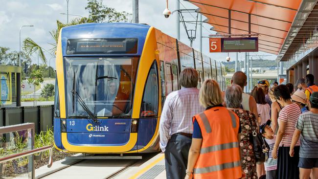 Patronage on the Gold Coast light rail has exceeded all predictions and a business case is being prepared which could see construction of the next $660m stage. Pictured above is the Helensvale stop. Picture: Jerad Williams