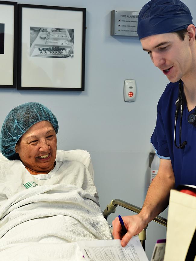 Anaesthetist Dr Robert James speaking with Irene Gregory before the operation. Picture: Ellen Smith