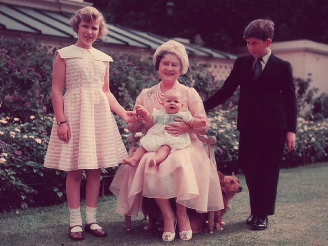 Elizabeth the Queen Mother with grandchildren Prince Charles, Princess Anne and Prince Andrew. Picture: Getty Images