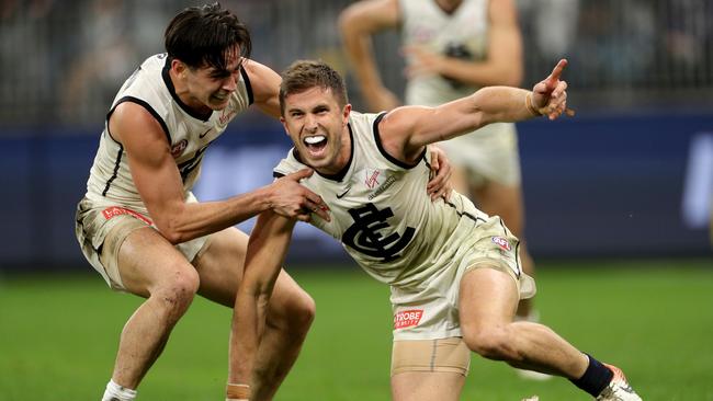 Marc Murphy celebrates after kicking the winning goal against the Dockers. Picture: AAP