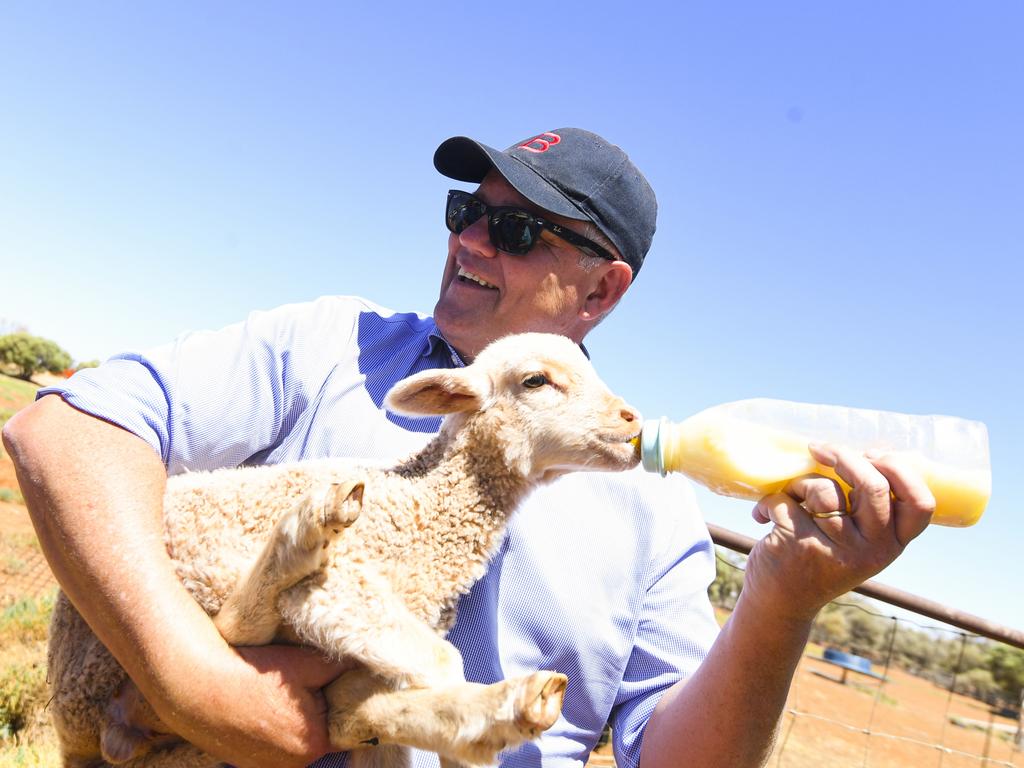 Prime Minister Scott Morrison feeds a lamb during a return visit to the Tully family property Bunginderry Station outside Quilpie yesterday. Picture: Lukas Coch/AAP/NCA NewsWire