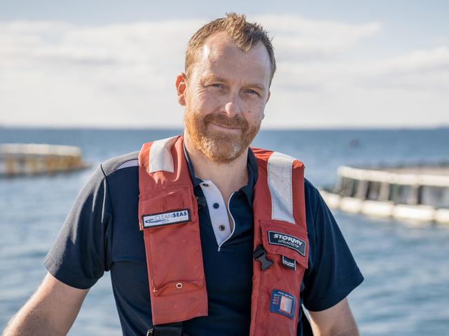Clean Seas Seafood chief executive Rob Gratton at the company’s Kingfish farm near Port Lincoln in South Australia’s Spencer Gulf. Picture: Astyn Reid