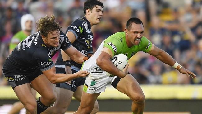 Jordan Rapana on the charge for the Raiders. Picture: Getty Images