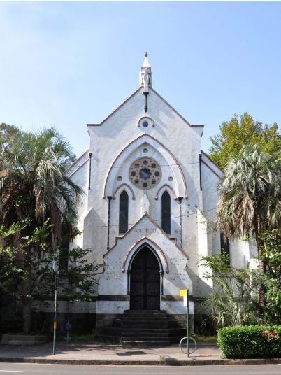 Current appearance of The Kirk gothic church building at 422-424 Cleveland Street, Surry Hills.