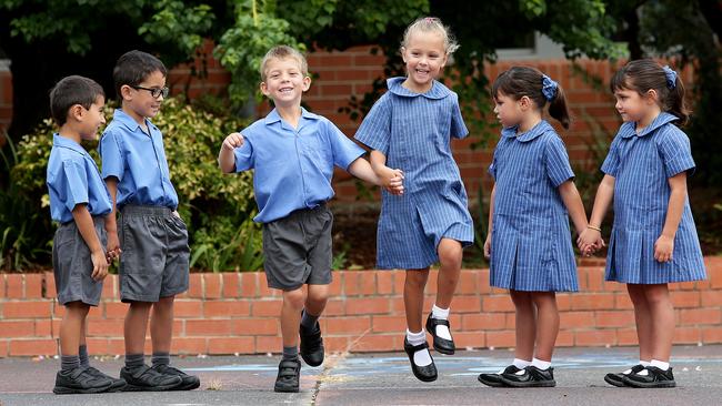 Harper and Jariah Rosit, Rosie and Zac Perry and Jessie and Izzabelle Boe-Lewis on their first day of school. Picture: Troy Snook