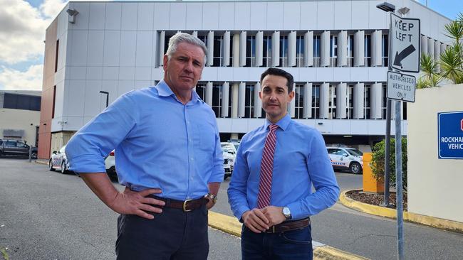 Shadow Police Minister Dale Last and Leader of the Opposition David Crisafulli outside Rockhampton Police Station on August 5, 2023. Picture: Aden Stokes