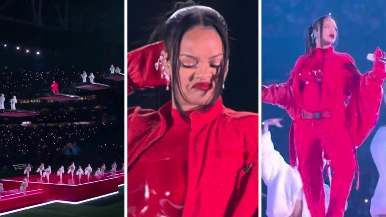 Rihanna performs at Super Bowl 57.
