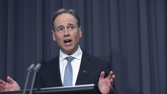 Health Minister Greg Hunt during a press conference in Canberra. Picture: NCA NewsWire / Gary Ramage