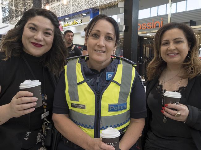Jenny pike,  guest experience manager northland, inspector Kelly Lawson and Councillor Lina Messina pose for a photo as they have a cuppa at Degani Cafe at Northland Shopping Centre on Tuesday 3 October 2017.