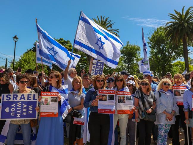 Supporters of Israel rally in Melbourne in a show of solidarity for the victims and hostages. Picture: Getty