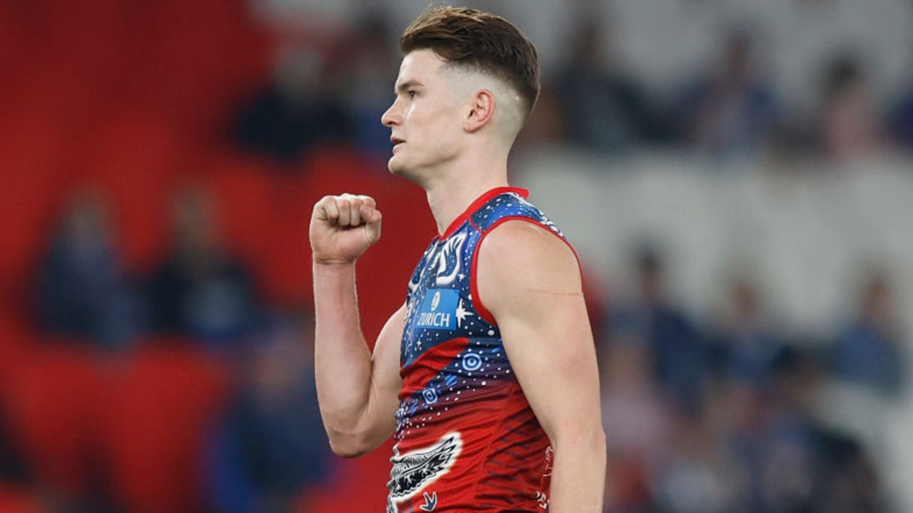 MELBOURNE, AUSTRALIA - MAY 21: Bayley Fritsch of the Demons celebrates after kicking a goal during the round 10 AFL match between the North Melbourne Kangaroos and the Melbourne Demons at Marvel Stadium on May 21, 2022 in Melbourne, Australia. (Photo by Mike Owen/AFL Photos/via Getty Images)