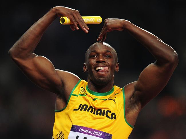 Usain Bolt celebrates winning gold and setting a new world record of 36.84 during the Men’s 4 x 100m Relay Final at the London 2012 Olympic Games on August 11, 2012. Picture: Getty