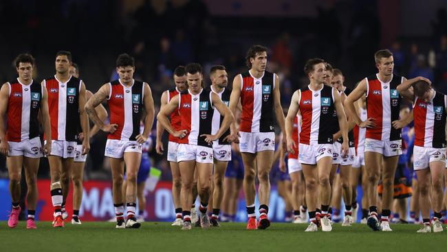 A dejected St Kilda walk off Marvel Stadium on Saturday night. Picture: Michael Klein