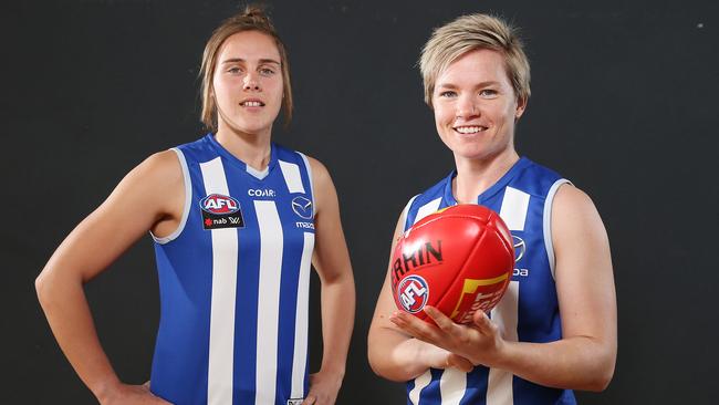 North Melbourne's AFLW recruits Jess Duffin (right) and Jasmine Garner. Pic: Michael Klein