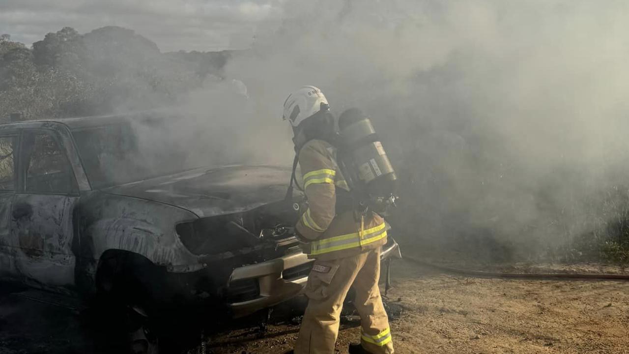 Car fire near the scrub on Woods Road, Duck Ponds, near Port Lincoln. Picture: Lincoln CFS