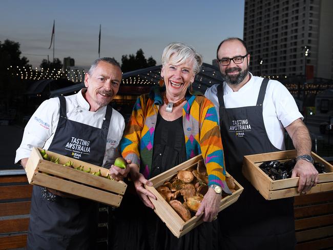 Tasting Australia chefs Simon Bryant ,Maggie Beer, and Paul Baker holding SA Produce Gumeracha Figs,Porcini Mushrooms and West Coast Mussles in Town Square Kitchen .Wednesday,April,28,2021.Picture Mark Brake