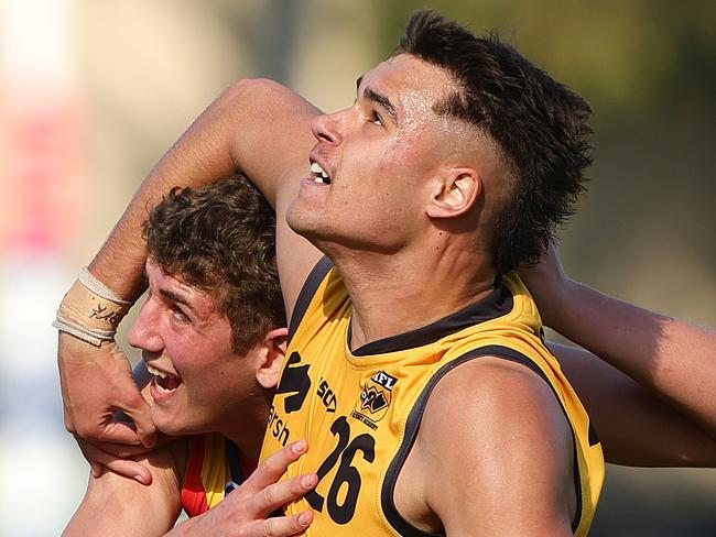 ADELAIDE, AUSTRALIA - JUNE 16: Kayle Gerreyn of Western Australia and Alex Dodson of South Australia during the 2024 Marsh AFL Championships U18 Boys match between South Australia and Western Australia at Alberton Oval on June 16, 2024 in Adelaide, Australia. (Photo by Sarah Reed/AFL Photos via Getty Images)