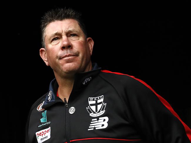 SYDNEY, AUSTRALIA - MARCH 21: Brett Ratten, coach of the Saints,   looks on during the round one AFL match between the GWS Giants and the St Kilda Saints at GIANTS Stadium on March 21, 2021 in Sydney, Australia. (Photo by Ryan Pierse/Getty Images)