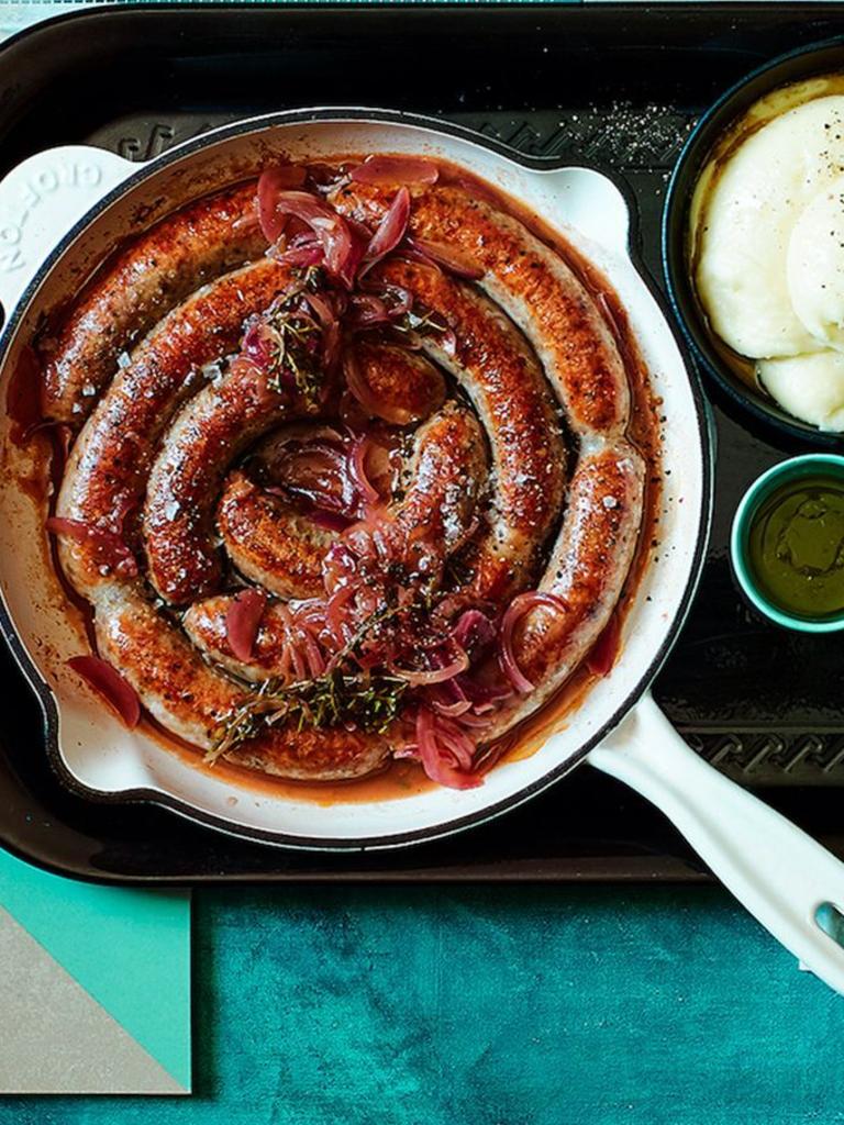 Sausages and onion gravy dish.