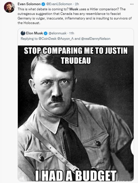 Elon Musk has been slammed posting a Hitler meme on Twitter.