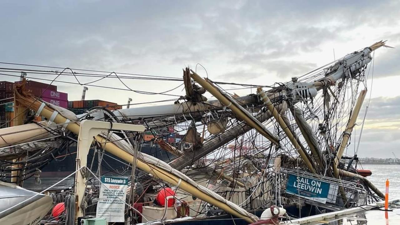 WA’s iconic Leeuwin tall ship was crushed by a container vessel at Fremantle Port. Picture: Facebook/ Neil Macleod