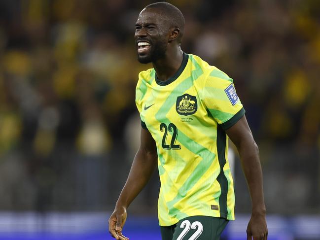 Jason Geria celebrates Australia’s 1-0 win over Japan in Perth. Picture: James Worsfold/Getty Images