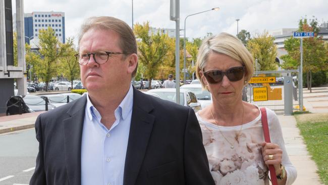 Brumbies CEO, Michael Jones and his wife leave the Supreme Court in Canberra, Tuesday, March 29, 2016. Mr Jones in fighting the Brumbies board to keep his job. (AAP Image/Andrew Taylor) NO ARCHIVING