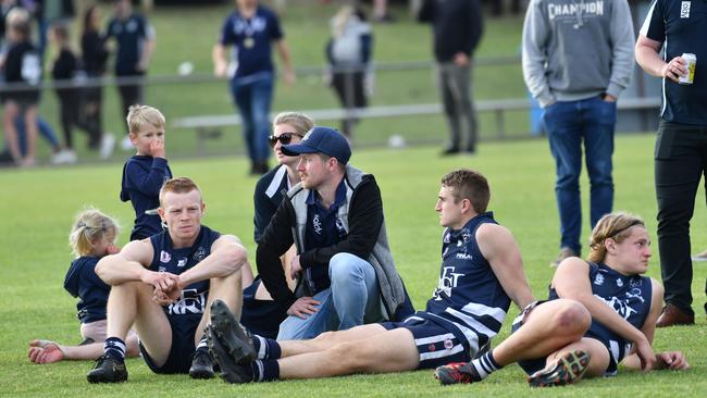 Noarlunga players react after the Southern Football League grand final loss. Picture: Keryn Stevens (AAP).