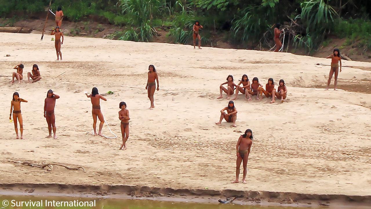 Members of the Mashco Piro Indigenous community, a reclusive tribe and one of the world’s most withdrawn, gather on the banks of the Las Piedras river. Picture: Survival International