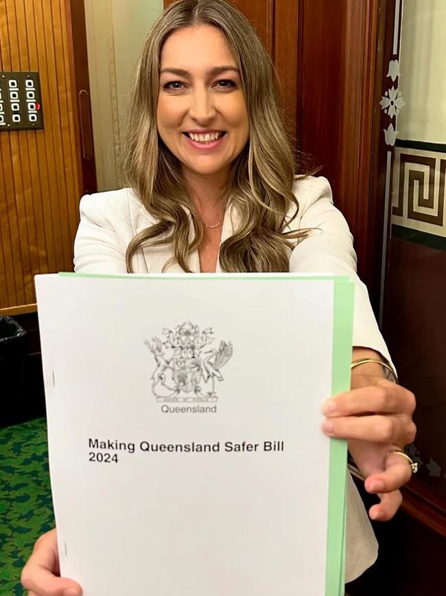 Minster Laura Gerber with the Making Queensland Safer Bill that has been introduced to Parliament. Picture: Instagram