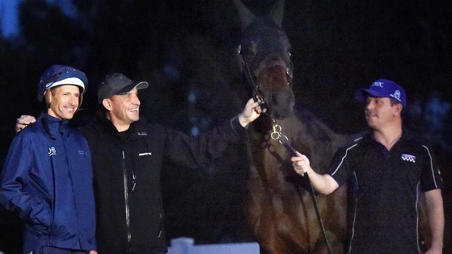 Jockey Hugh Bowman and trainer Chris Waller with Winx. Picture: Nicole Garmston