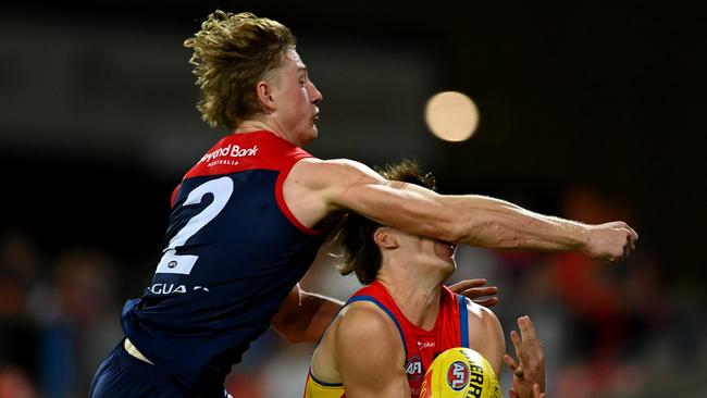 Jacob van Rooyen was suspended for this spoiling attempt on Charlie Ballard. Picture: Albert Perez/AFL Photos via Getty Images